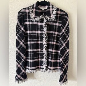 St. John Collection Santana Knit Pink Black Plaid Mesh Trim Jacket Size 10 EUC